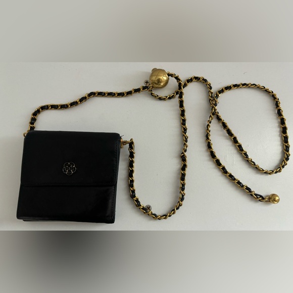Chanel Camelia  Black VTG  Mini Trifold Wallet On A Chain Gold Adjustable Chain - Picture 4 of 13